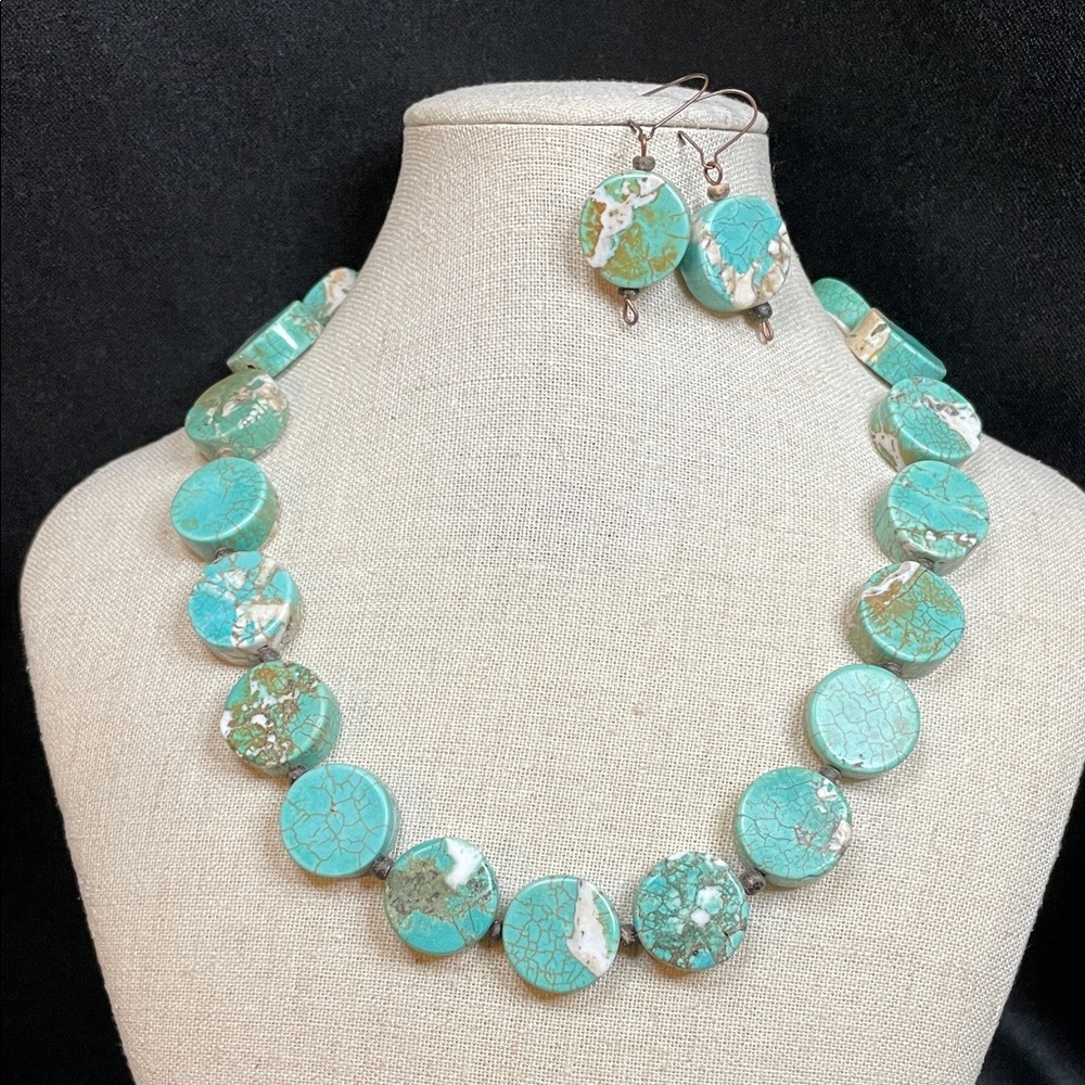 Faux Turquoise Stone Necklace and Earring Set, artisan made!